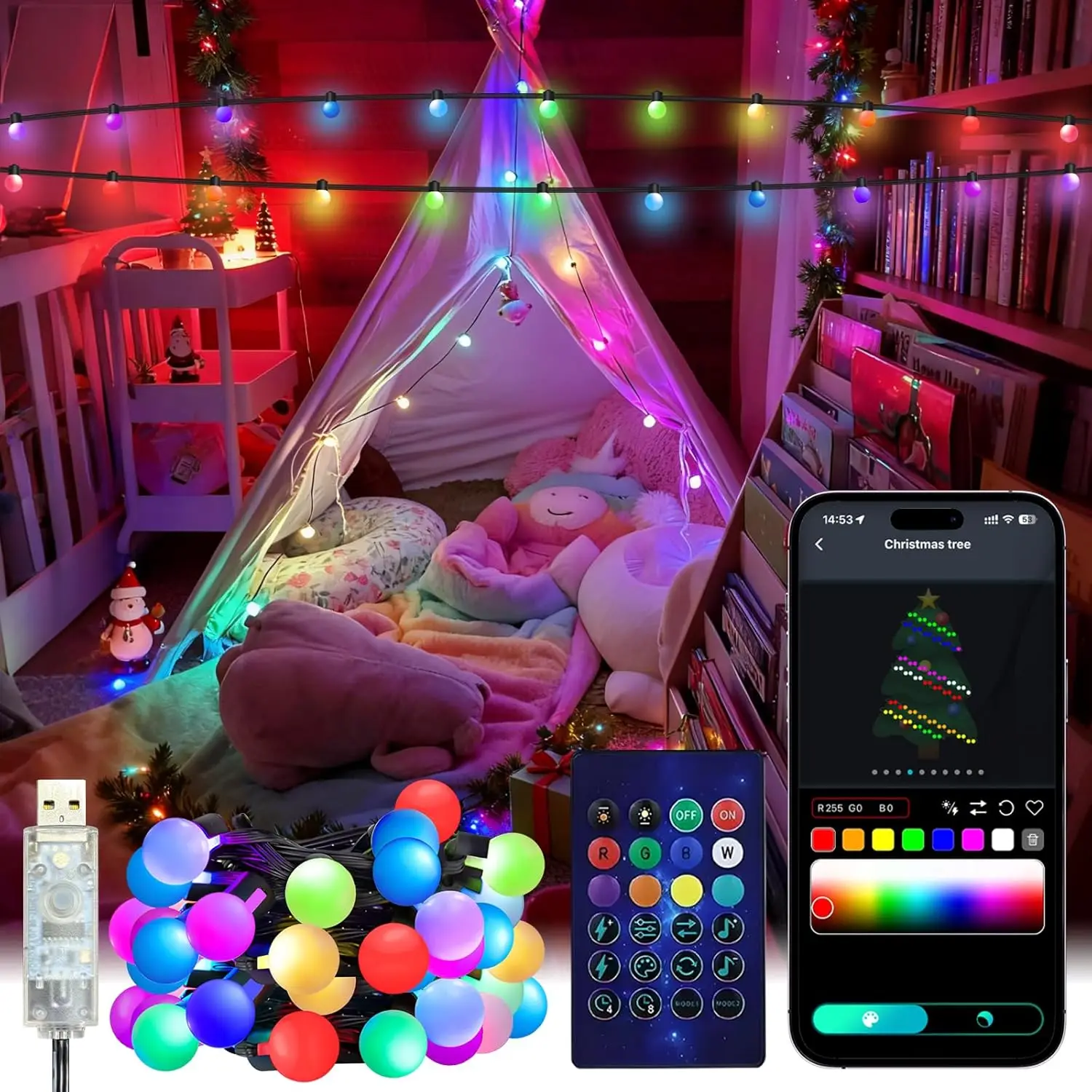 Smart Globe String Lights 5/10M RGB Color Changing LED String Fairy Lights App & Remote Control for Garden Party Christmas Decor