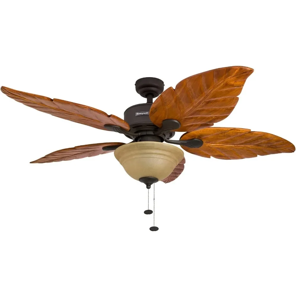 Palm ceiling fan, 52 inch tropical LED ceiling fan with lights, zipper, three installation options,hand carved solid wood leaves