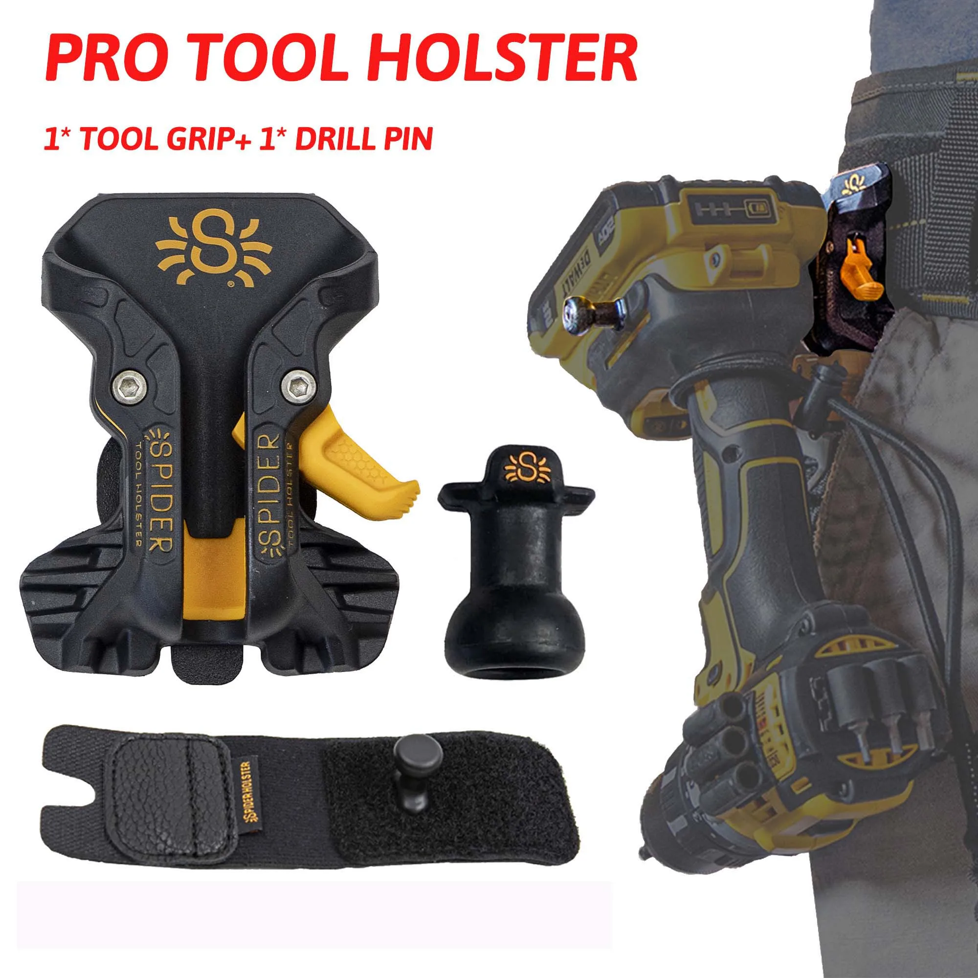 Spider Pro Tool Holster Kit II - Upgraded, Self Locking, Quick Draw Universal Tool Holder with Drill Pin and Tool Grip