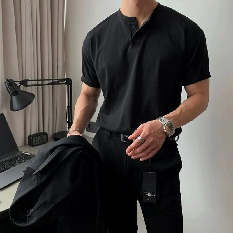 American Vintage Short Sleeve T-Shirt Men's Polo Shirt Tight Cuffs Fitness Sports Henley Shirt