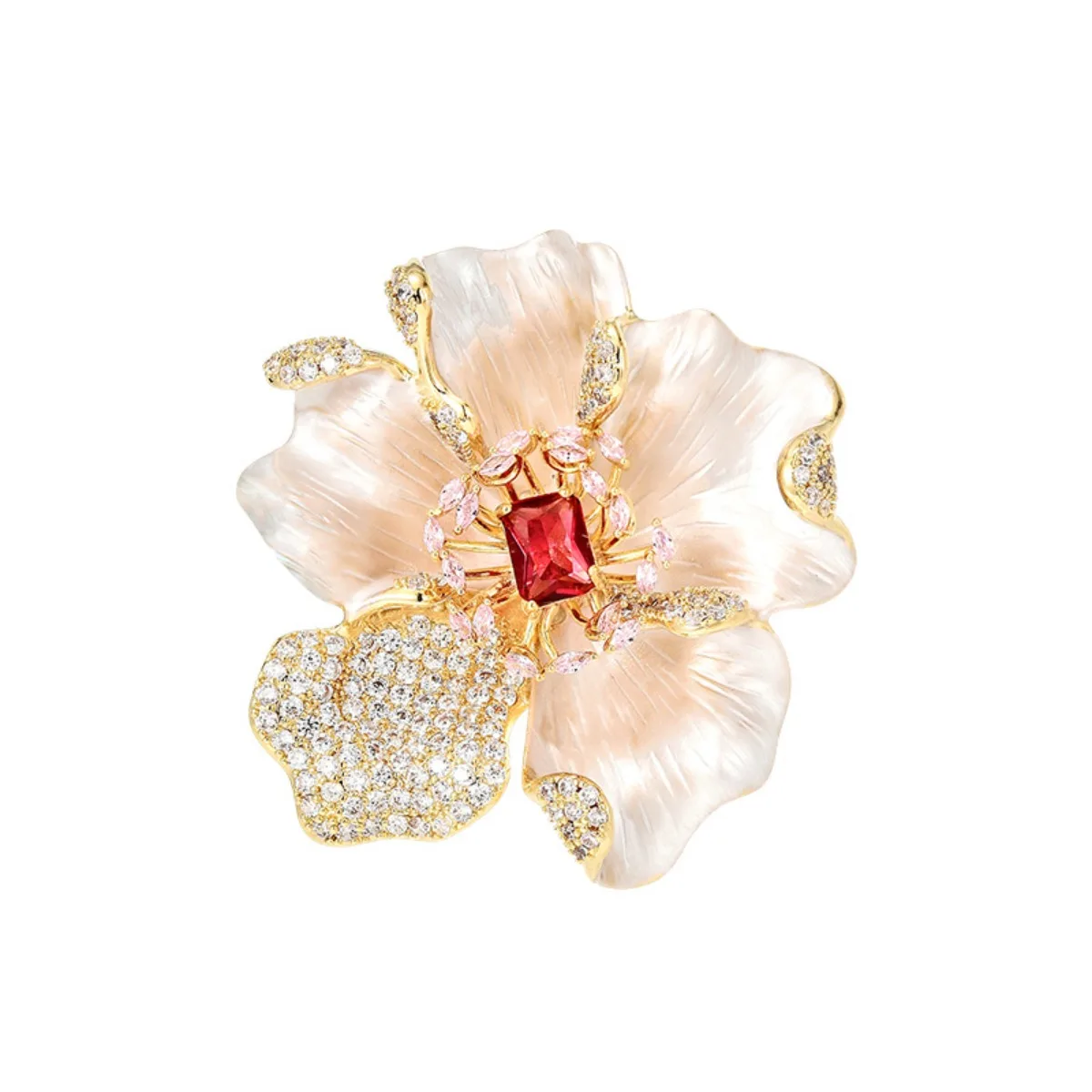 

Beauty Luxury Brass Peony Flower Brooch with Cubic Zirconia Clothing Accessories