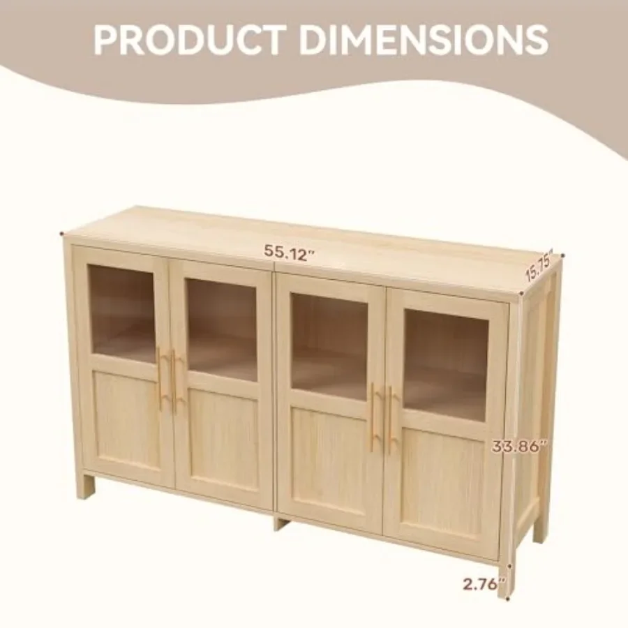 55 Sideboard Cabinet for dining room living room entryway, engineered wood in matte black, sleek glass doors and adjustable she