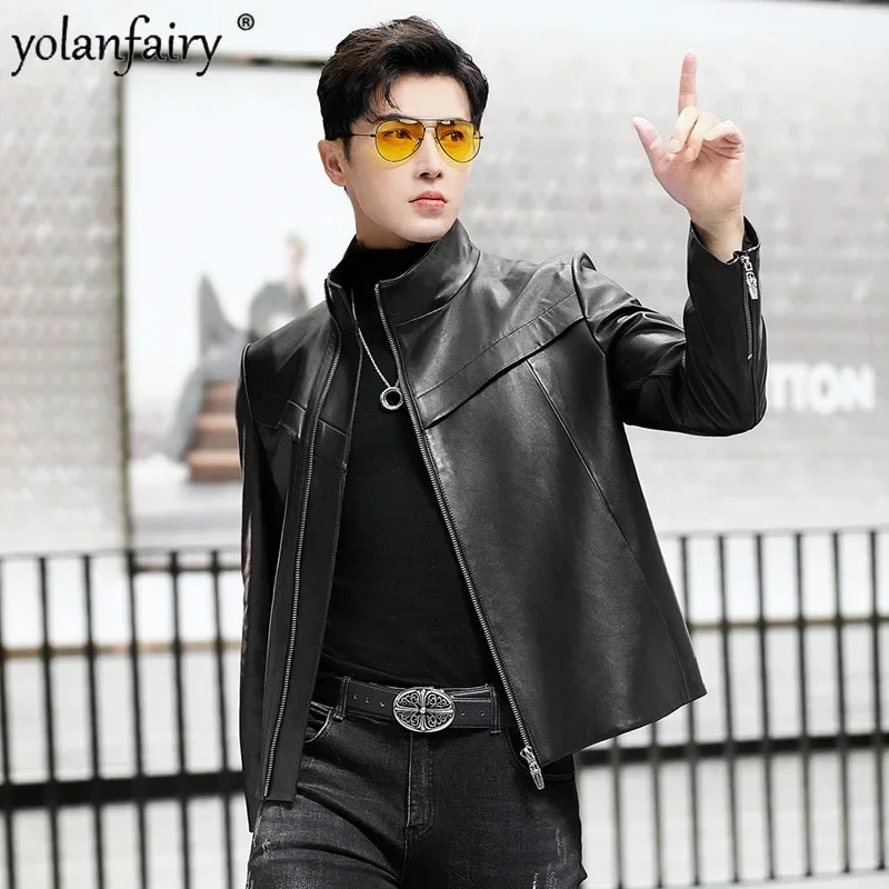 

Genuine Leather Jacket Men's Sheepskin Coat Autumn New Stand Up Collar Short Motorcycle Mens Leather Jackets Trend Veste Homme F