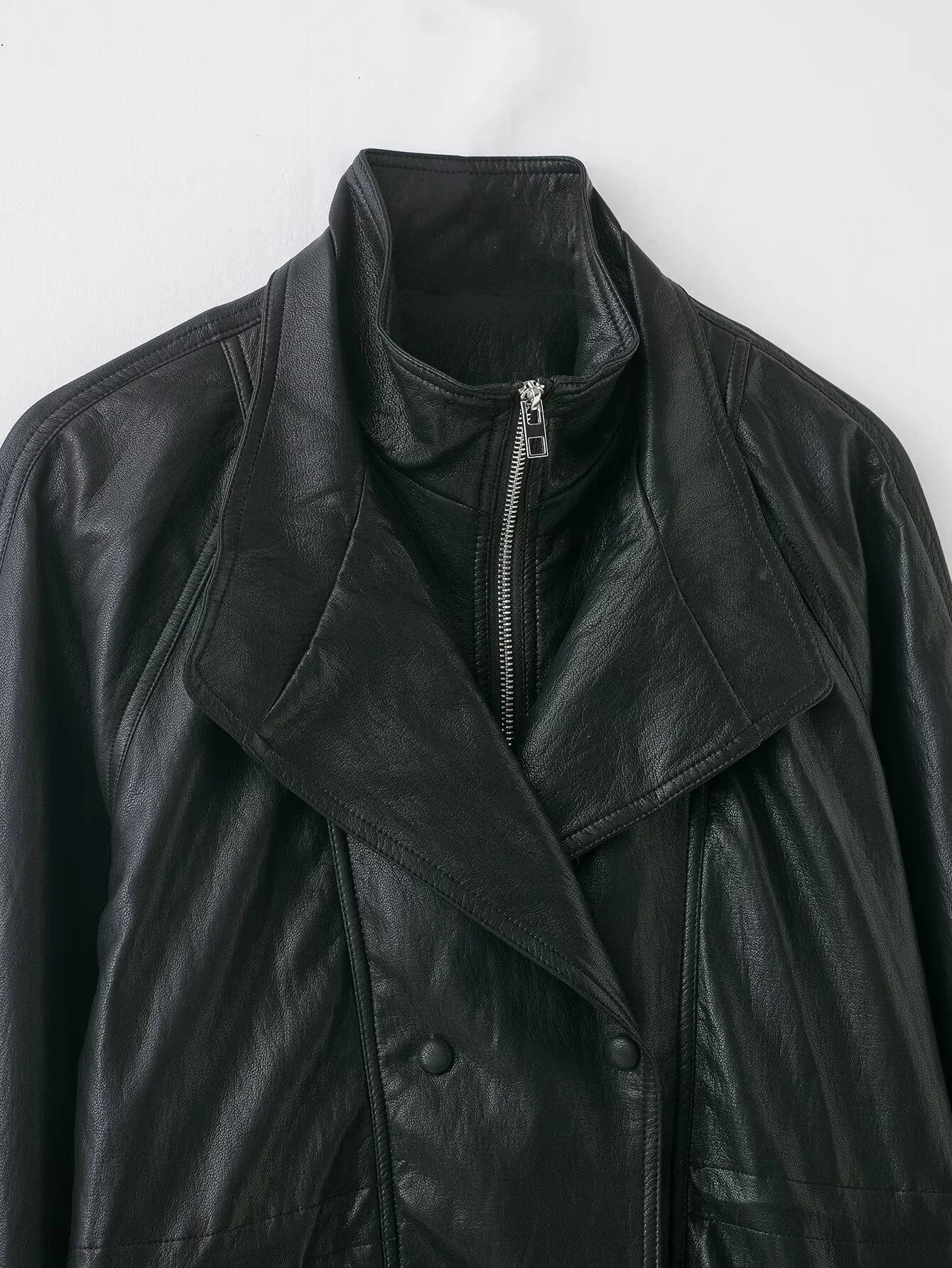 패션 레트로 머니 스타일 스탠드 칼라 긴 소매 가죽 재킷 중간 길이 코트 2025 겨울 신상 여성용