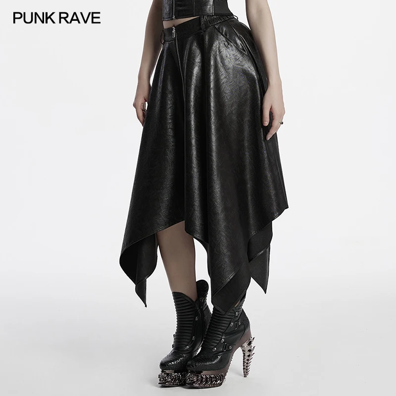 PUNK RAVE Women's Punk Faux Leather Wrinkled Texture Skirt Simple Design Irregular Pointed Hem Cool Fashion Sexy Mid-Skirts