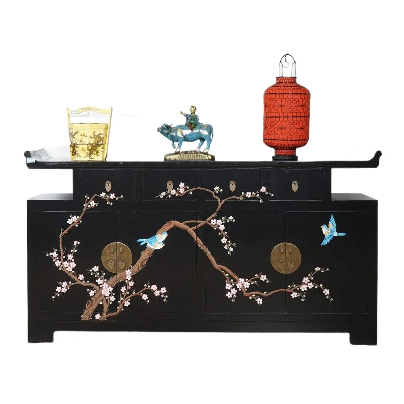 Antique warped head solid wood porch cabinet New Chinese hand-painted dining side cabinet Living room entry partition painted