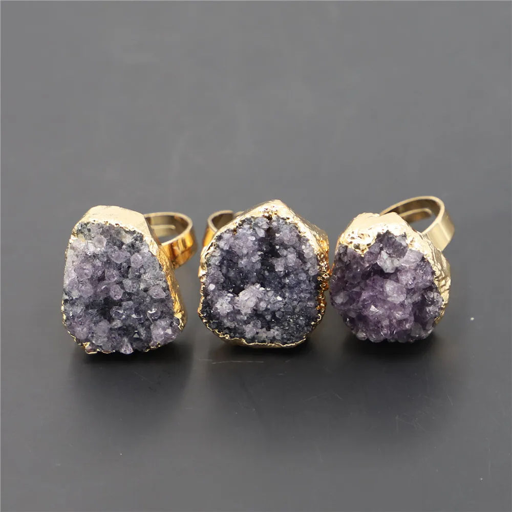 Natural Stone Gold Rim Vintage Retro Amethyst Slice Resizable Rings Charms Adjust Open Hammered Cuff for Woman ManExpress Copper