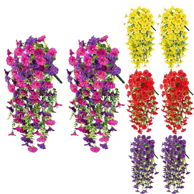 Flores artificiales colgantes, plantas de seda sintética, moradas, gloria matutina, enredaderas largas, resistentes a los rayos UV, realistas para decoración de jardín y balcón
