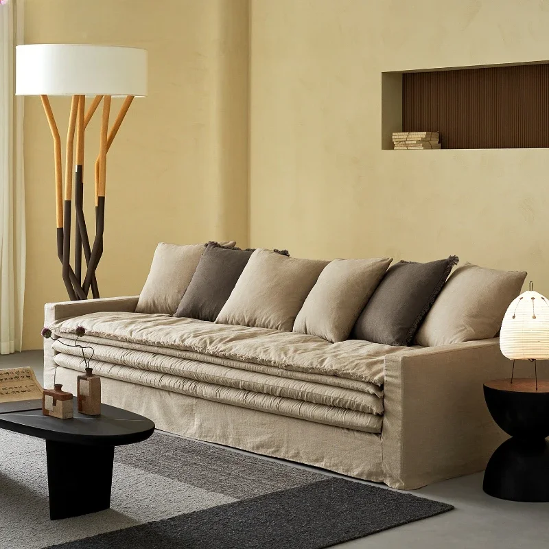 Accordion, sofa, living room, wabi-sabi-style linen, modern and simple, straight row of three seats