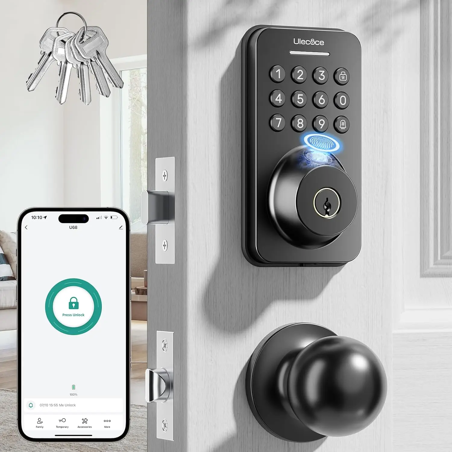 

Smart Fingerprint Door Lock with Keypad, App Control & Auto-Lock - Easy Installation Matte Black