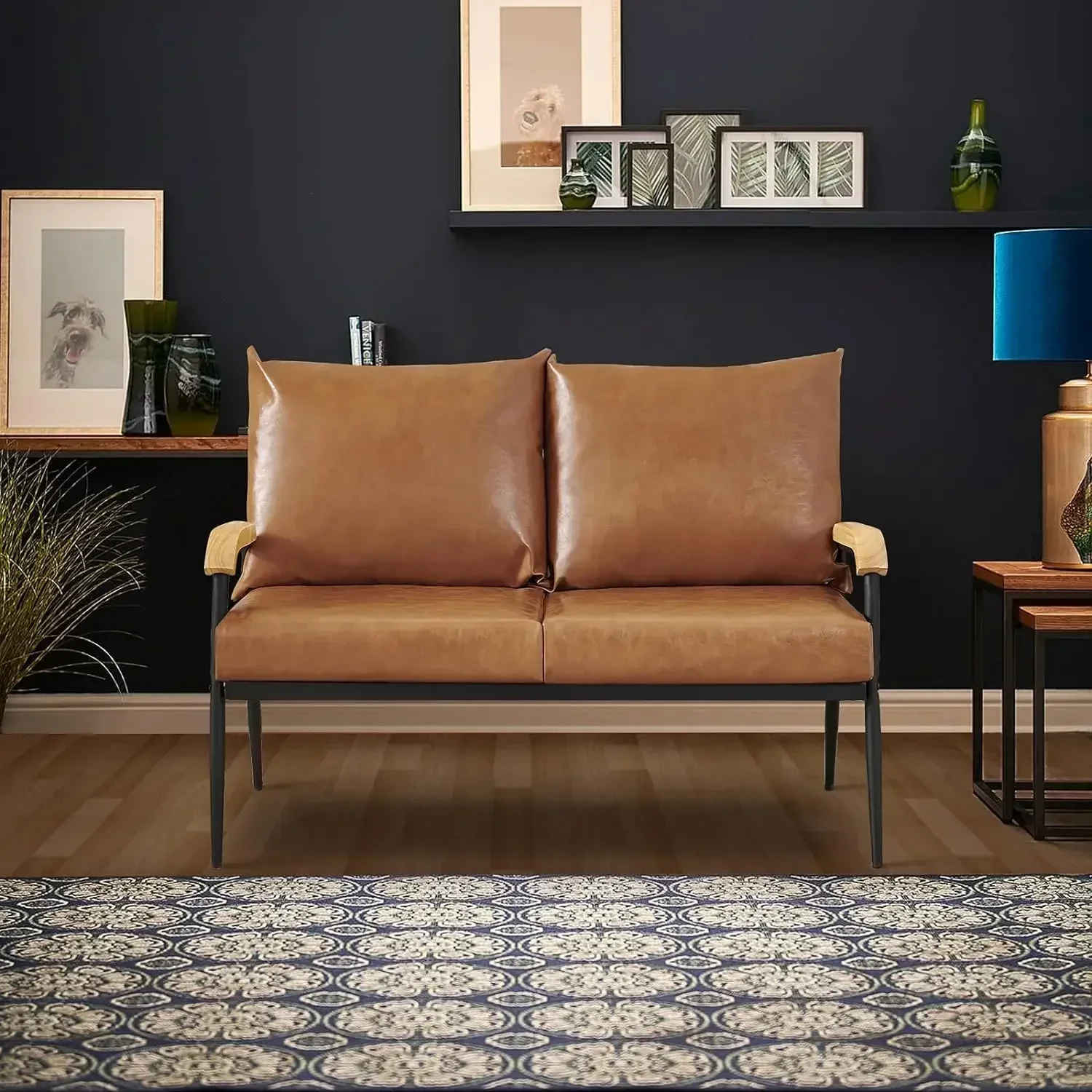 

#For PU Loveseat Sofa Couch, Modern Accent Chair with Solid Wood Armrest and Sturdy Metal Frame,Lounge Armchair (Light Brown)