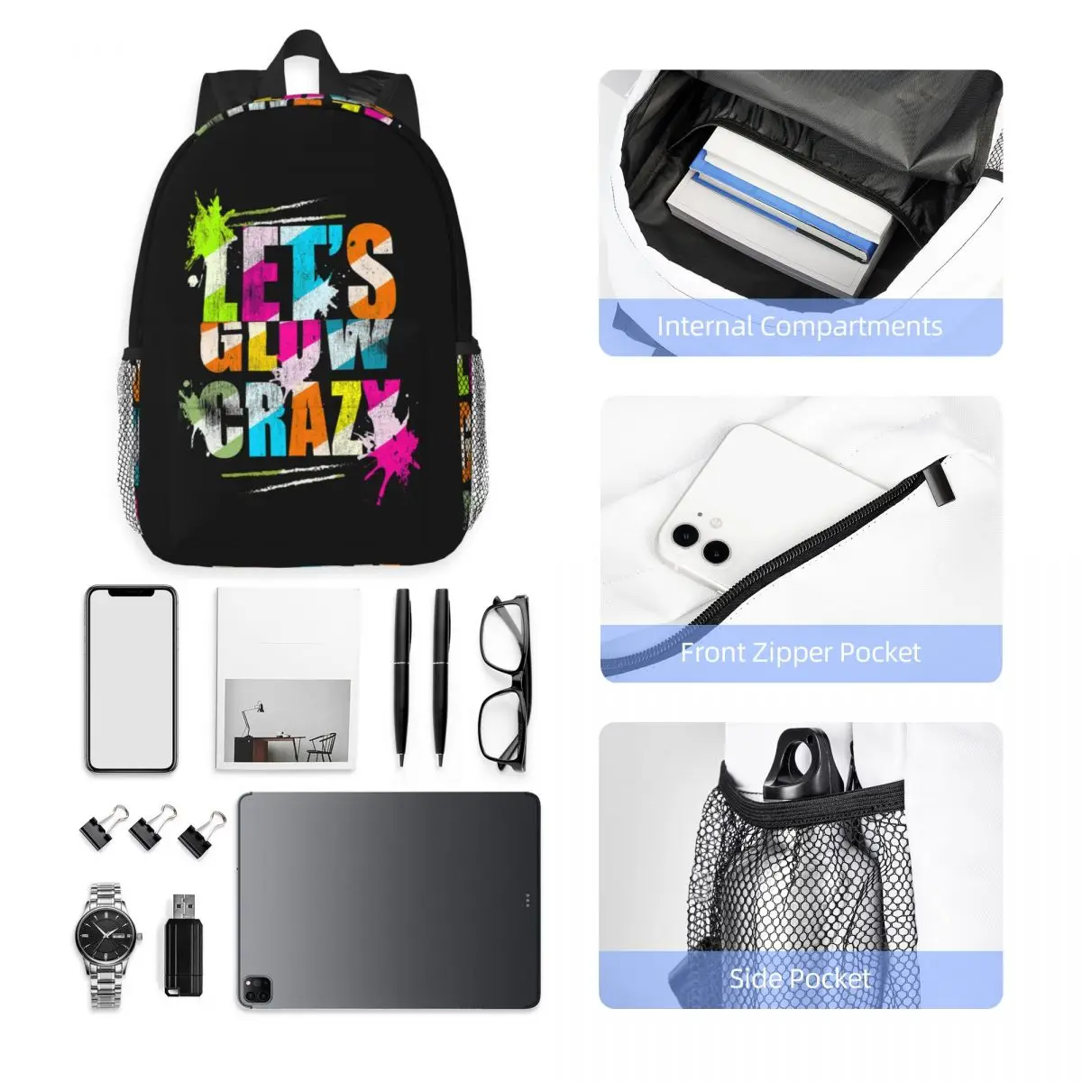 Let's Glow Crazy Neon Party Light Rave Backpack Student Boys Girls BookBag Men Women School Bag Computer Shoulder Bags