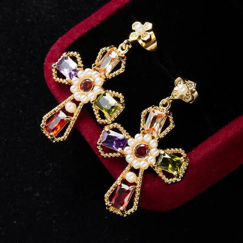 Women\\\'s Dangle Earrings Exquisite Luxury Female Jewelry Gift Multicolor Crystal Cross Earrings with Imitation Pearls