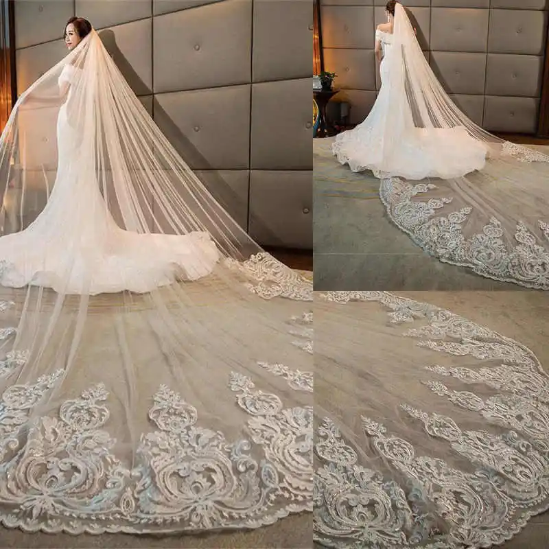 

Великолепная свадебная фата 3,5 м, однослойная длинная соборная фата для невесты с расческой, аппликациями, кружевными свадебными аксессуарами по индивидуальному заказу