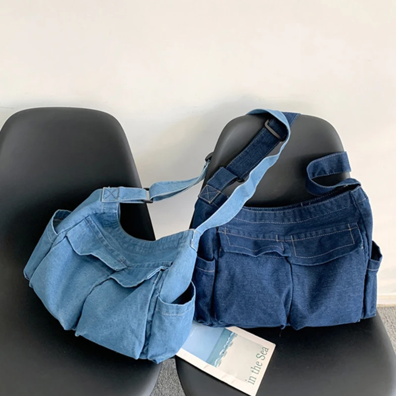 Denim Crossbody Bags for Women Japanese Style Unisex Casual Pocket Books School Bag for Students Shoulder Bags Large Jeans Bag