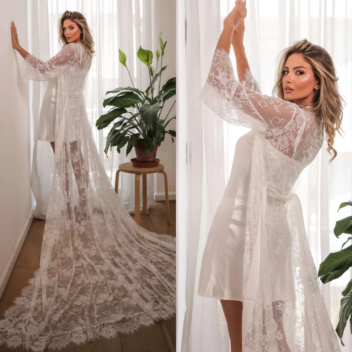 Cswdocy Chic Wedding Robe Maxi Bride Bathrobe Two Pieces Lingerie Women Gowns Lace Pajamas Dress For Engagement Photo Shoot 2027