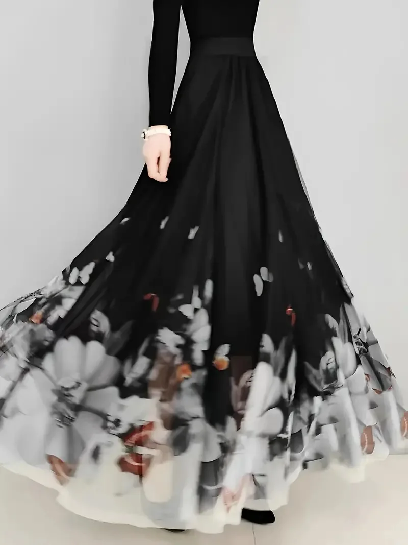 French Style Long A-Line Skirt with Floral Lace Overskirt Elegant High Waist Dance Gown Gossamer Tulle Half Body Skirt