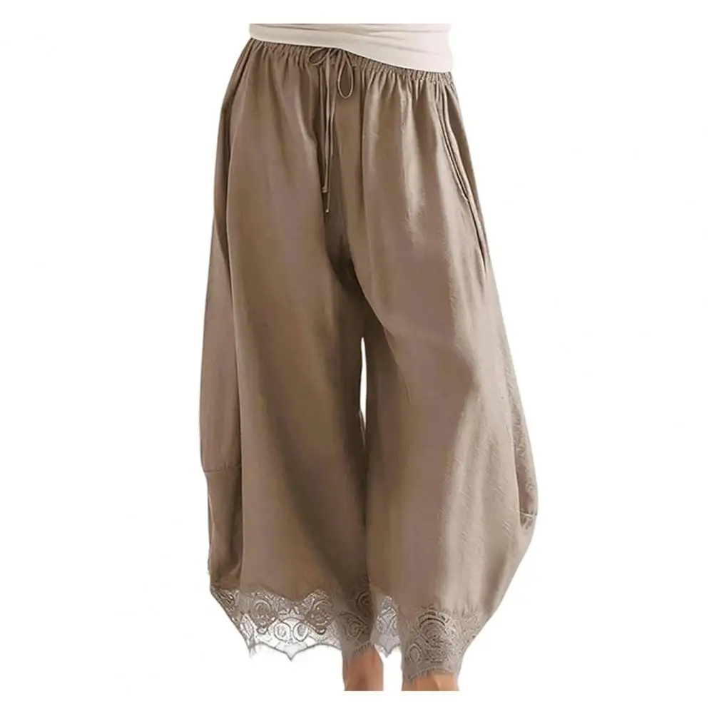 Side Pocket Trousers Women’s Cropped Lace Hem Pants Summer Wide Leg Trousers Loose Drawstring Waist Lightweight Pants
