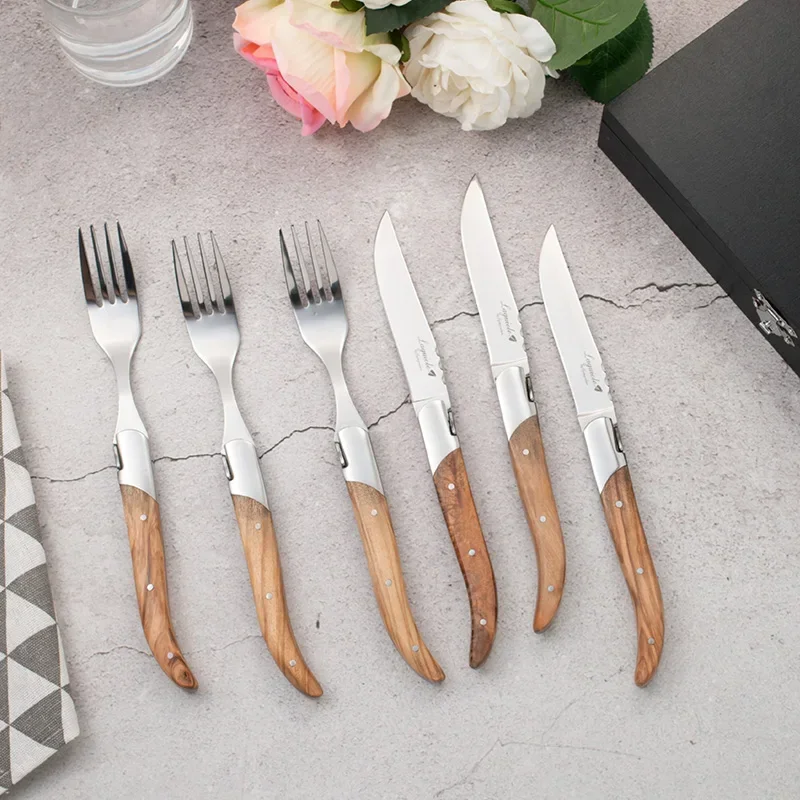 

6PCs 8.7 ''304 Stainless Steel Steak Knives Forks Set Laguiole Dinner Knives Olive Handle Dinnerware Set Xmas Wooden Cutlery