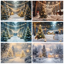 Christmas Night Winter Backdrop Snow Glitter Lights Snowfield Forest Xmas Tree Town Family Portrait Photography Background Decor