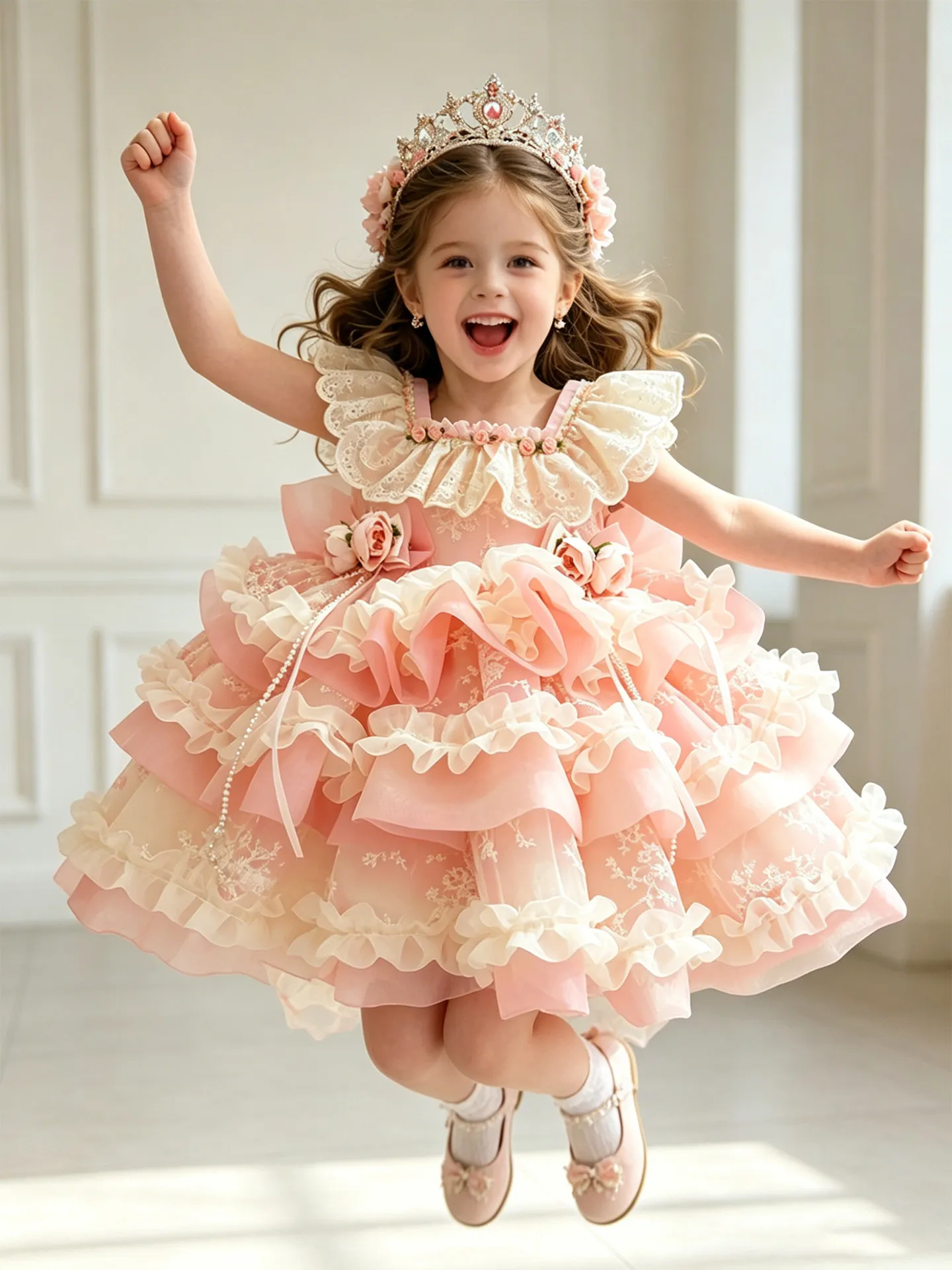Kinder Lolita Prinzessinnenkleid mit Rüschen, Spitzenriemen, 3D-Rosendekor, gestufter Tüllrock, Blumenmädchenkostüm, Geburtstagspartykleid – Detail 4