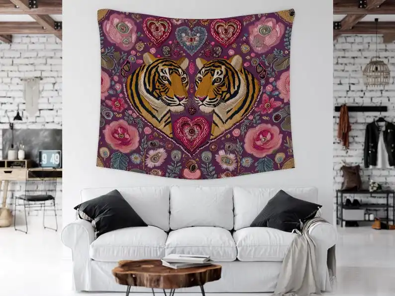 Love Tigers Heart Tapestry Boho Wall Hanging Floral Animal Art Romantic Room Decor Couple Gift