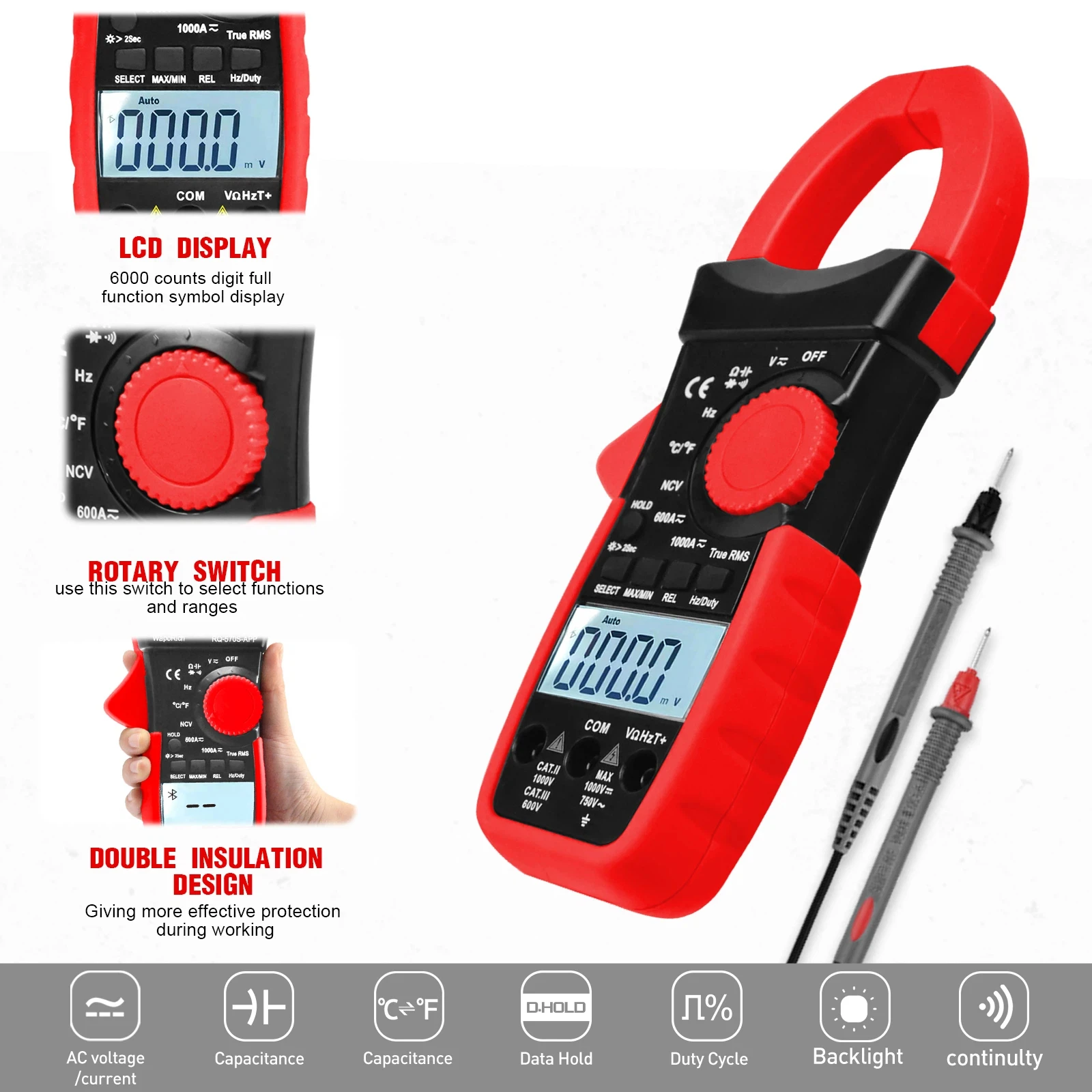 

Digital clamp meter, 6000 counts, current/voltage NCV continuous capacitance resistance frequency diode Hz test, with Bluetooth