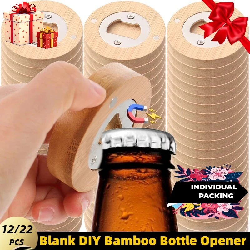 12/22PCS Bamboo Bottle Opener Portable Round Bottles Opener Kitchen Barware Tools Wedding Party Favors Bottle Openers for Guests