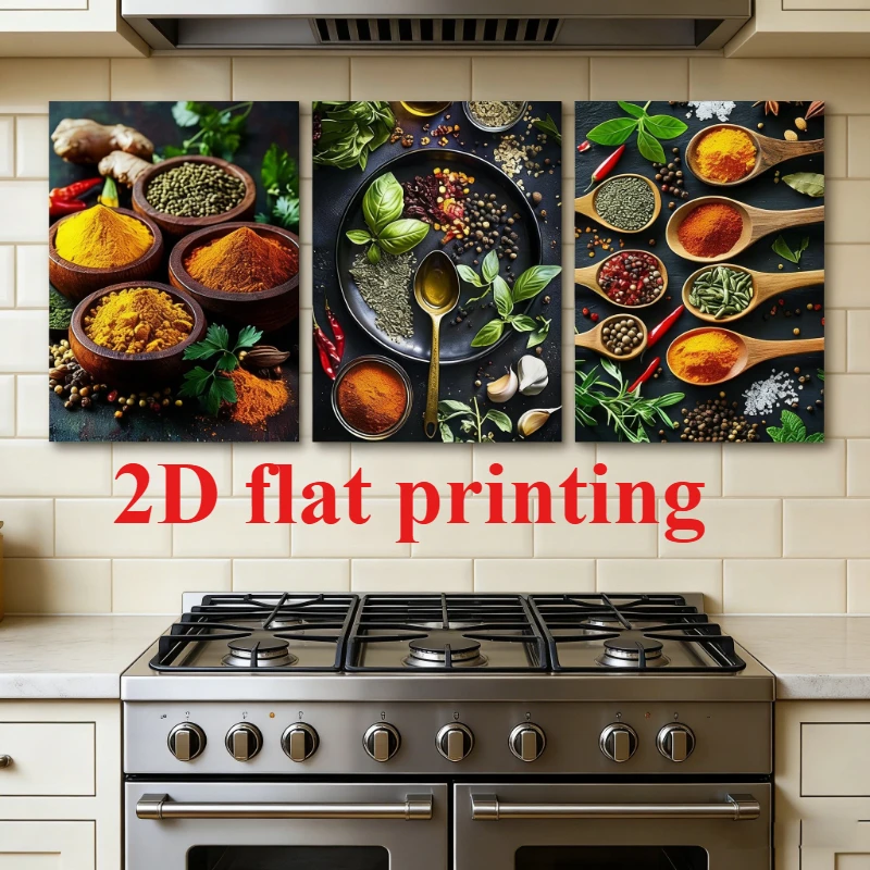 2D Flat, 2D Flat, Set of 3 Flat Printed Canvas Posters Featuring a Luxurious Retro Spice Ingredient Theme, Perfect for Decora