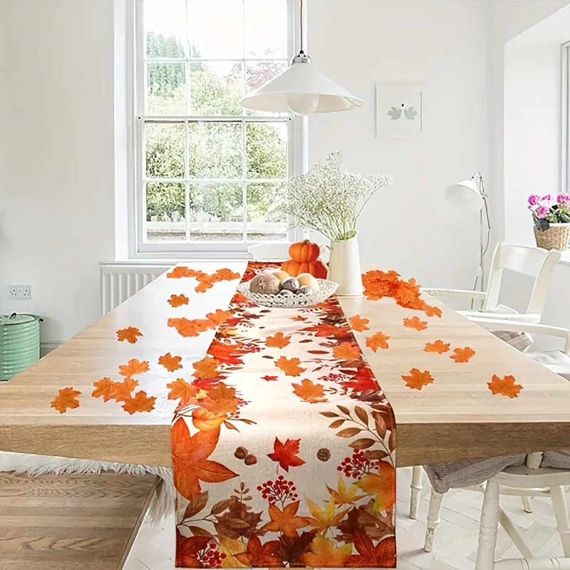 Chemin de Table en Lin avec Feuilles d'Automne pour Thanksgiving, Écharpe de Commode en Cuir oral elu Erable, Décor de ixde Mariage et de Vacances, Décoration de Maison