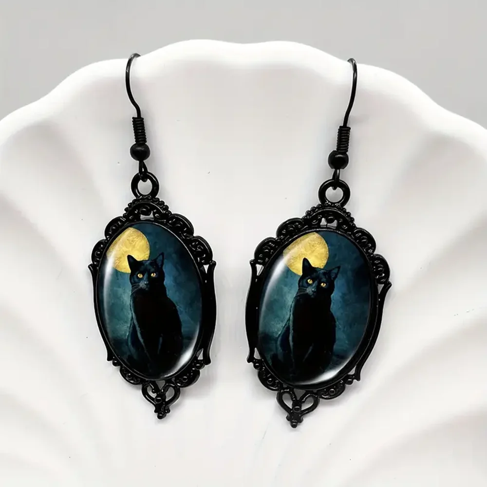 Gothic Halloween Schwarze Katze Tier Ohrringe Punk Oval Kristall Glas Baumeln Ohrringe Schmuck Geschenke Party Für Frauen