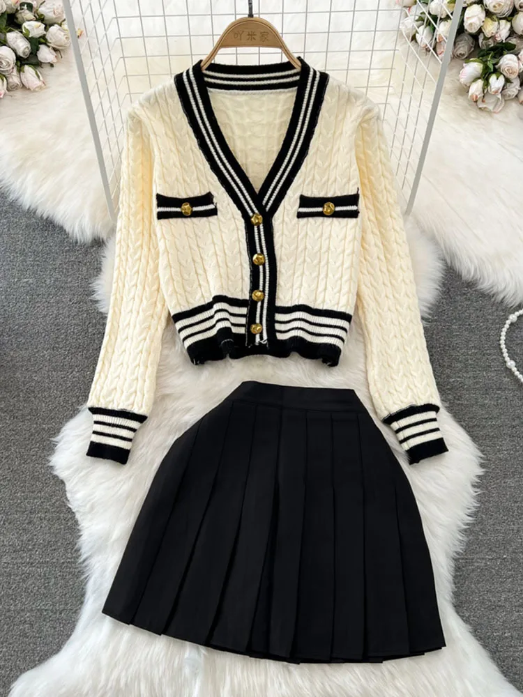 Fashion suit women\'s V-neck single breasted Fried Dough Twists sweater cardigan coat two-piece high waist skirt autumn