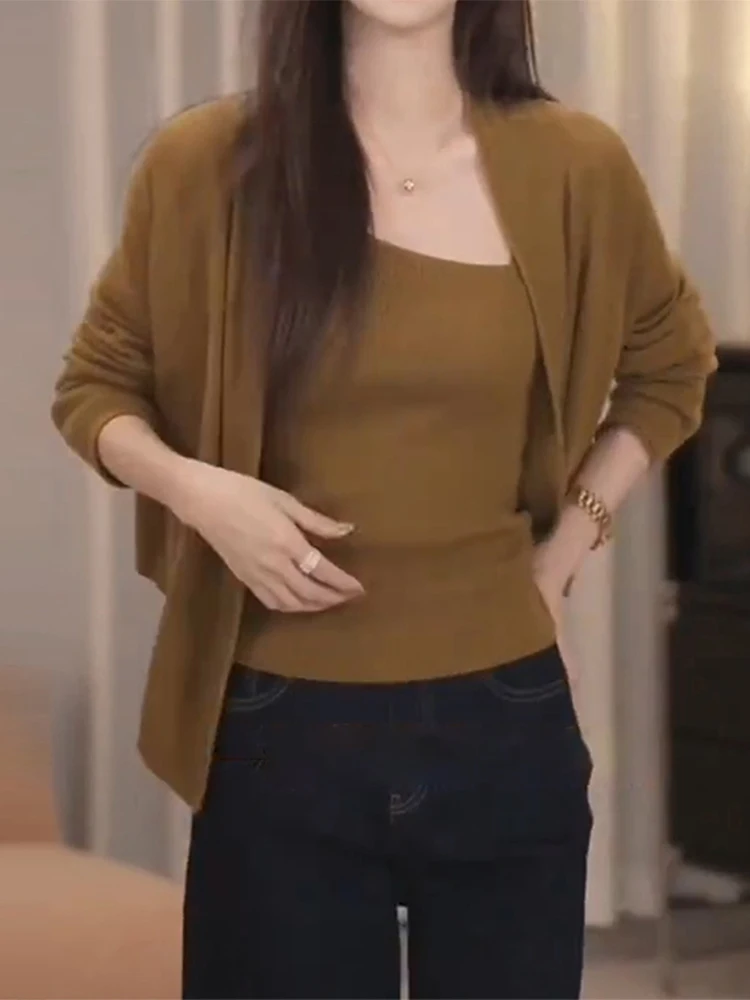 

Korean Sle Pure Color Long Sve Knitted Set Women's Autumn New Small ence Open Cardigan Vest Two Piece Set Casual Fas...