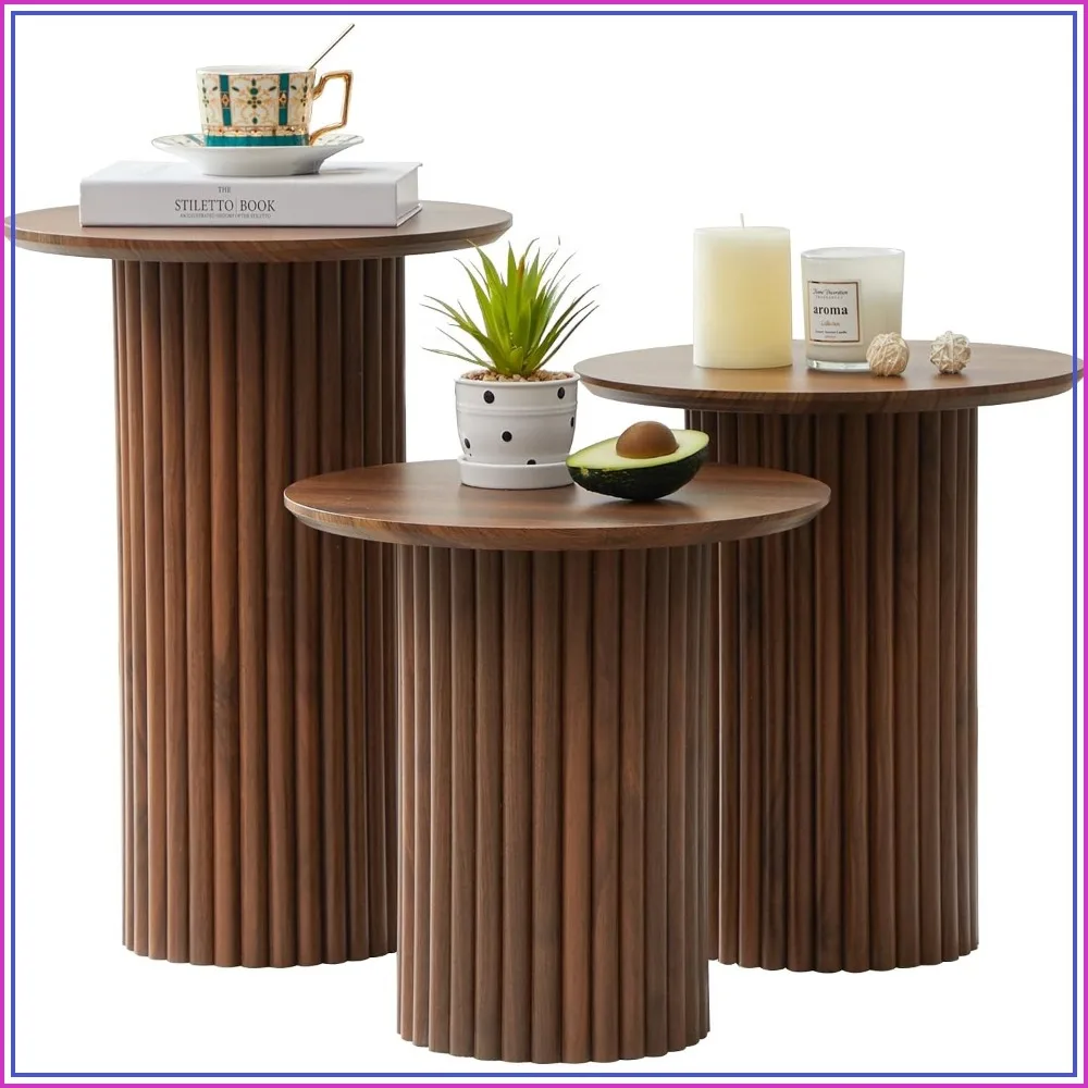 Walnut Round Nesting Coffee Table Set of 3 for Living Room Space Saving