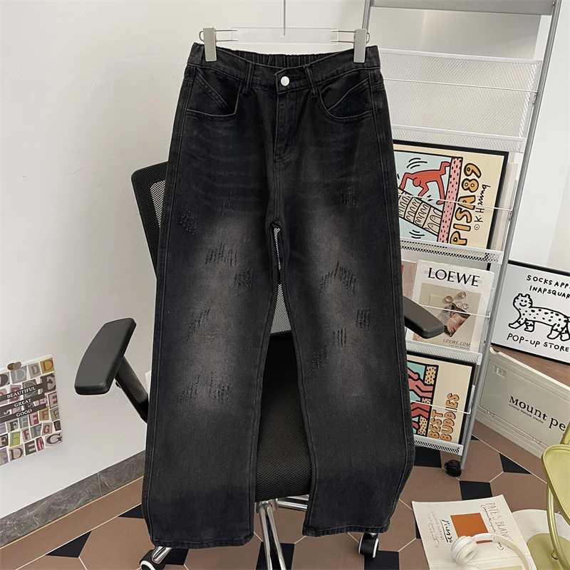 

American Sle Distred Wide Leg Jeans Men's Trendy Brand Waed Hole Loose Straight Leg High Street Vibe Retro Summer Jeans