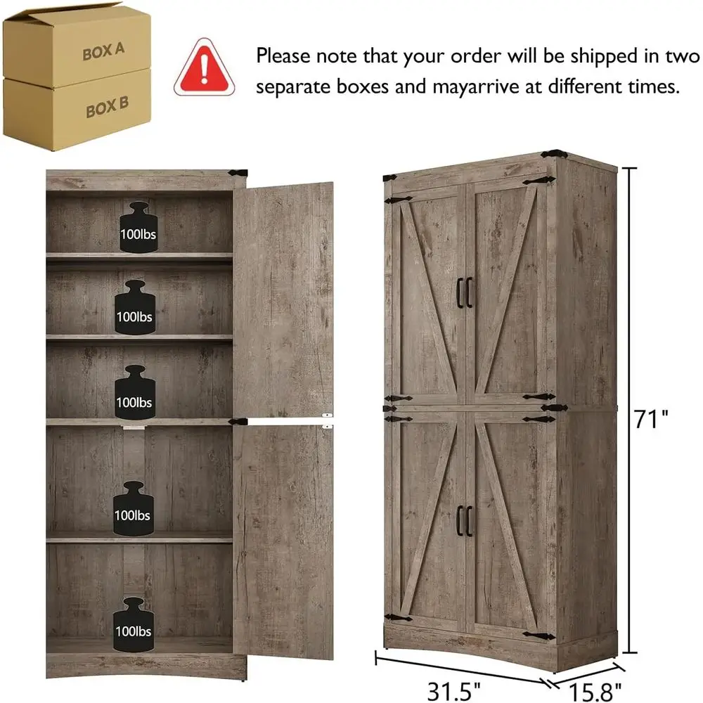 71in armhouse Kitchen Pantry Cabinet,Tall Storage Cabinet with 4 Doand Adjustable shelves,with Load-Bearing Steel Pipe,Wood Stor