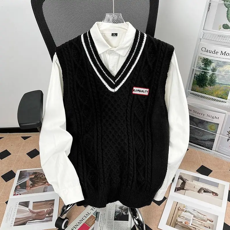 

Мужской свободный вязаный свитер с V-образным вырезом, жилет, осенне-весенний базовый слой, цветной, в стиле колледж, для пар, внутренняя одежда