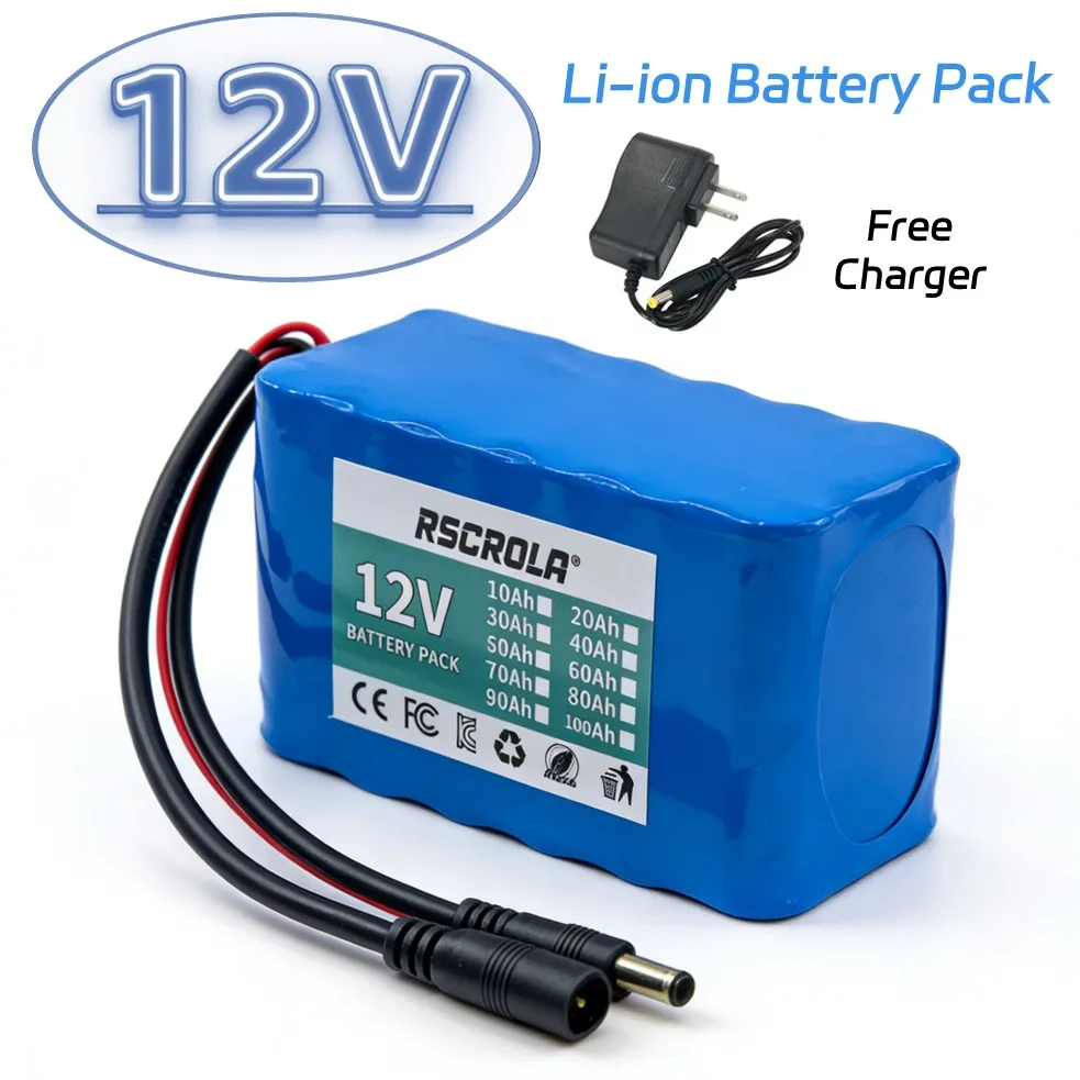 New 12V 18650 Li-ion Battery Pack with BMS + Charger 10Ah~100Ah Large Capacity Rechargeable DC12.6V for Sprayer,Router,Monitor