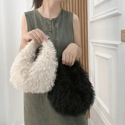 2023 Winter New Small Hobo Bag Fashion Knotted Faux Fur HandBag Women's Furry Short Handle Clutch Soft Plush Warm Bag