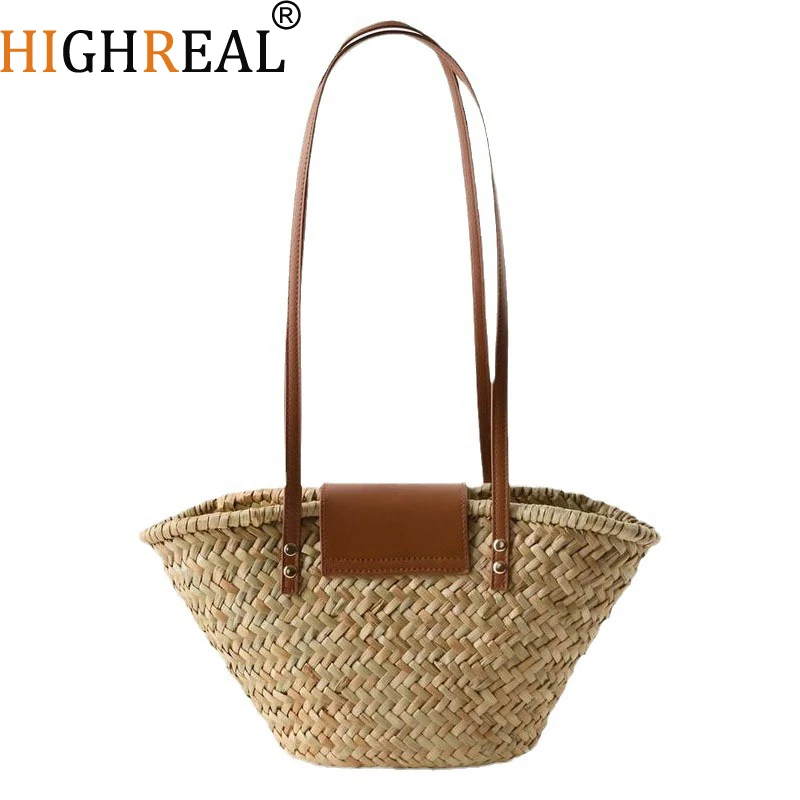 

Straw Woven Handbags For Women Handmade Travel Seaside Beach Bag Summer New Handle Bucket Bag Shopping Tote Bag Basket Bolsa