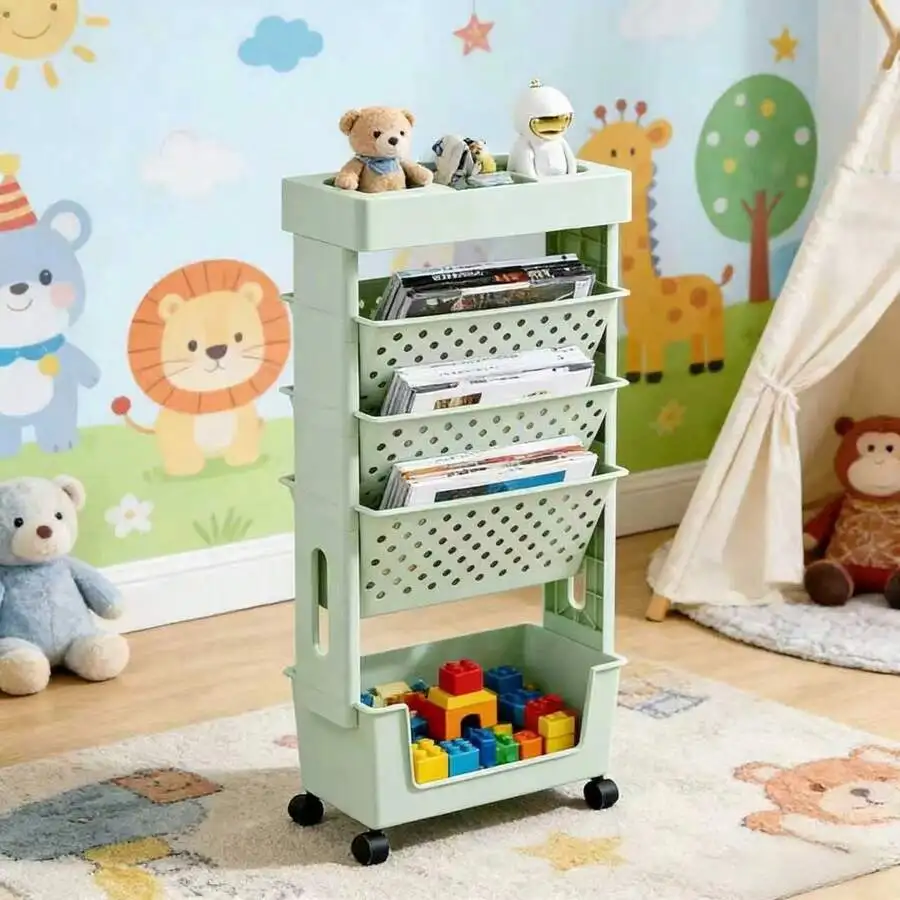 5-Tier Rolling Storage Cart With Perforated Shelves - Plastic Stackable Organizer On Wheels For Books, Files And Magazines