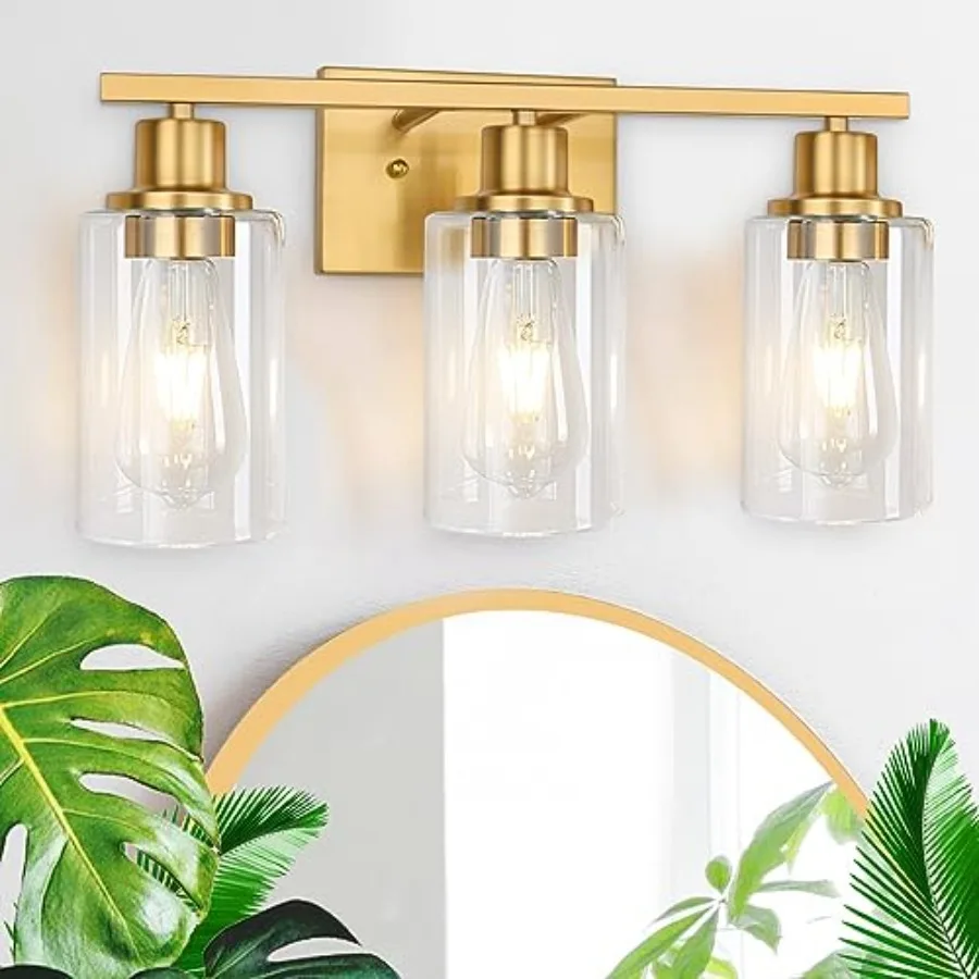

Gold Bathroom Wall Lights 3-Light Vanity Light Fixtures Modern Wall Sconces with Clear Glass Shade Bathroom Wall Lamp for Mirro