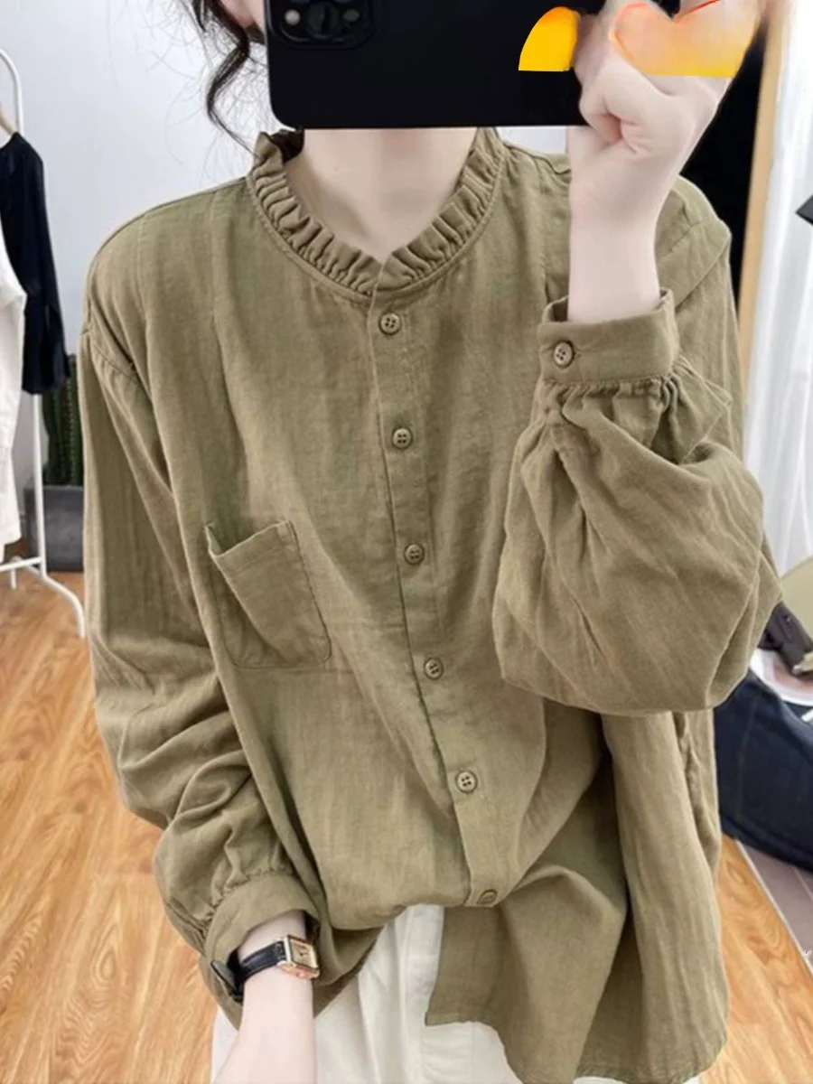 

Retro Pure Cotton Long Sve irt Women's Spring Autumn Loose Slimming Versatile Top ort Outerwear Comfortable Fit Dr