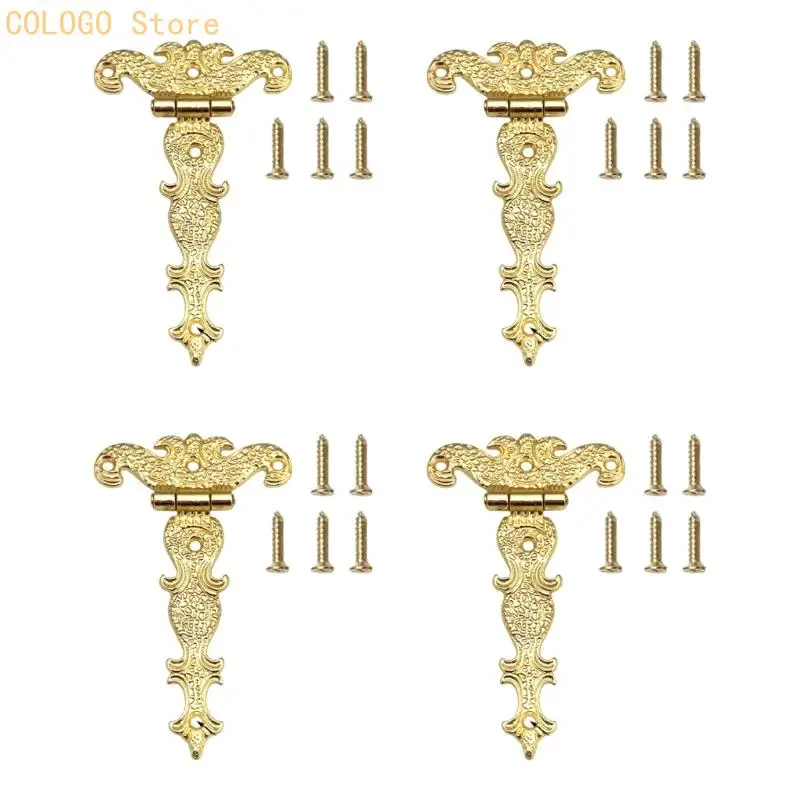 Decorative Chest Lid Hinge Hardware Set with Embossed Metal Design and Screws for Wooden Jewelry Storage Use Projects D0LD