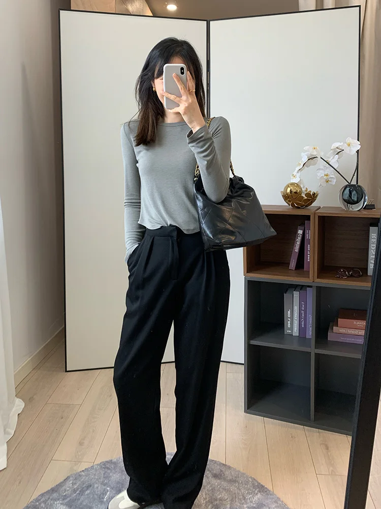 

High Waist Straight Leg Casual Pants Luxury Spun Wool Bead Chain Decor Loose Fit Floor Length Trousers Women's Premium Faion