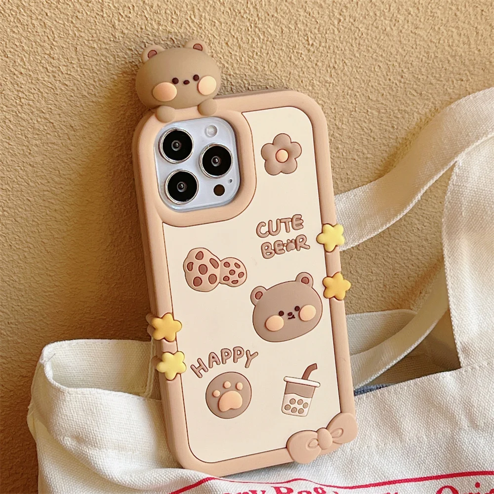 

Cute Cartoon Star Biscuit Milk Tea Bear 3D Doll Phone Case Silicone Anti-fall Shell for apple iphone 11 12 13 14 15 Pro MAX