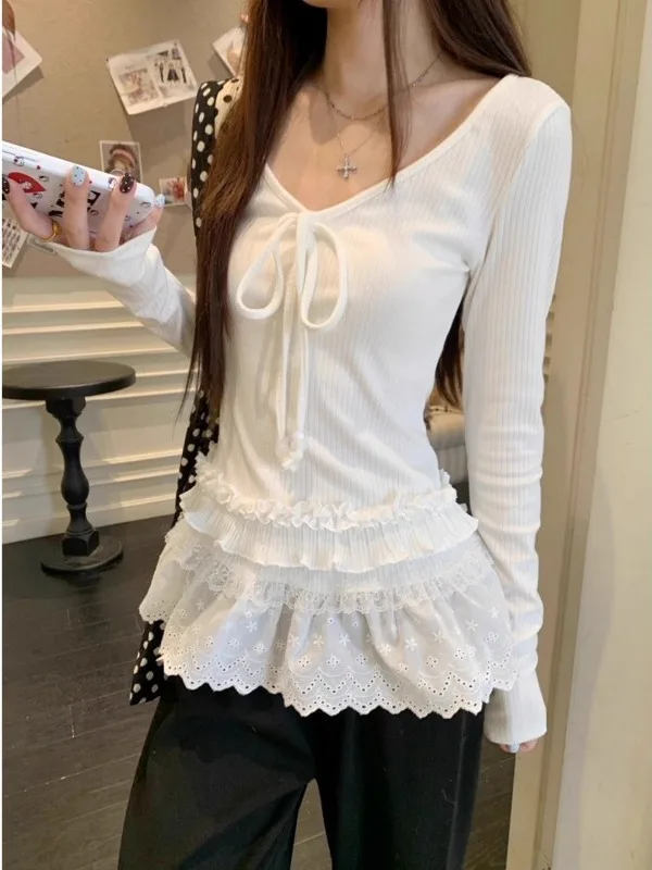 

plus Size Sweet V-Neck Lace Trim Long Sleeve Base T-Shirt Women's Autumn Winter New Style High-End Slimming Top Korean Style ...