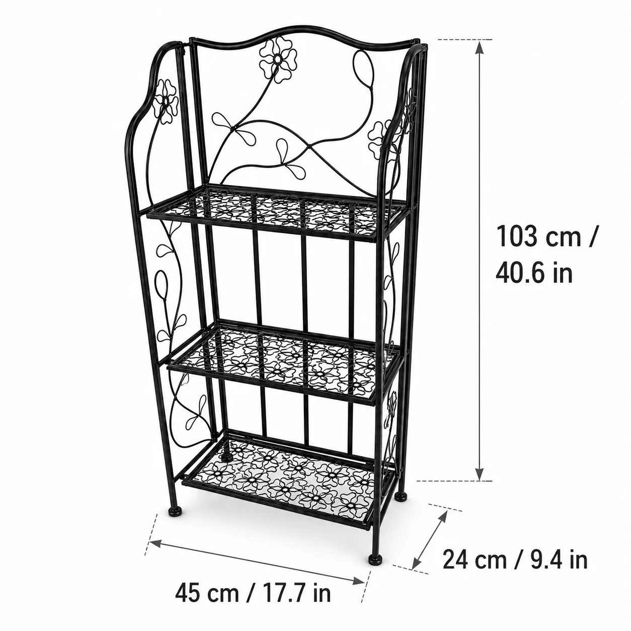 Vintage 3-Tier Metal Plant Stand, Foldable Black Iron Flower Pot Shelf with Floral Scrollwork for Indoor Balcony Patio Storage