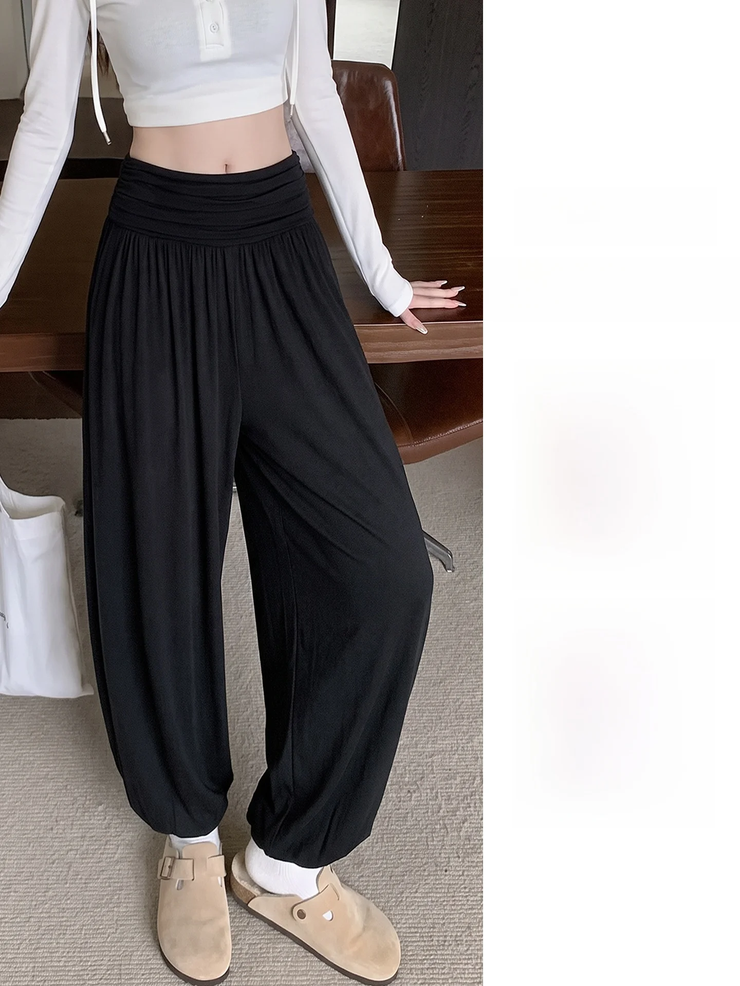 Black High-Waist Slimming Yoga Sports Pants Women's Summer Thin Fit Fitness Loose Lantern Pants Tummy Control Casual Trousers