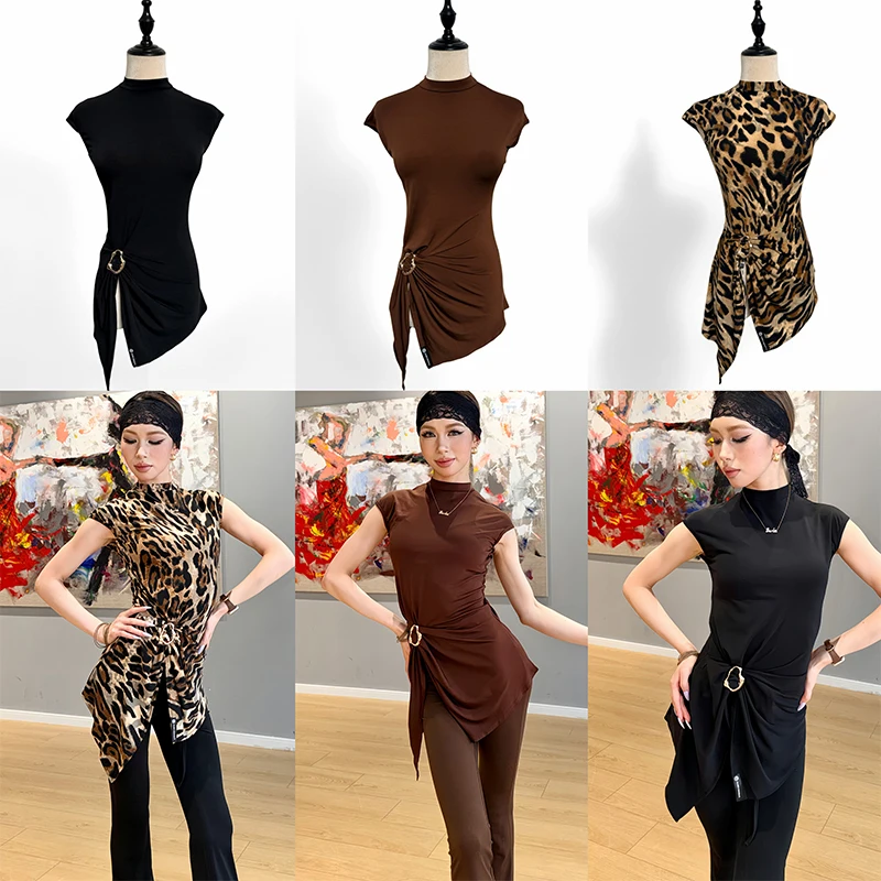 Summer Latin Dance Clothes Women Sleeveless Irregular Hem Tops Adult Leopard Brown Black Tops Ballroom Practice Clothing NV27428